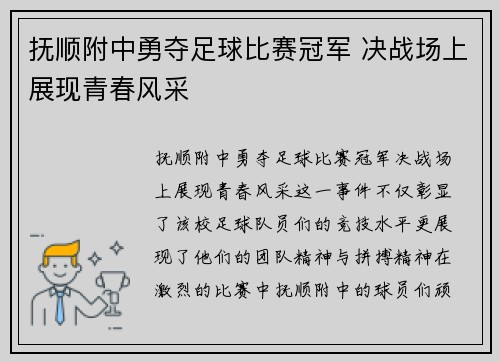 抚顺附中勇夺足球比赛冠军 决战场上展现青春风采